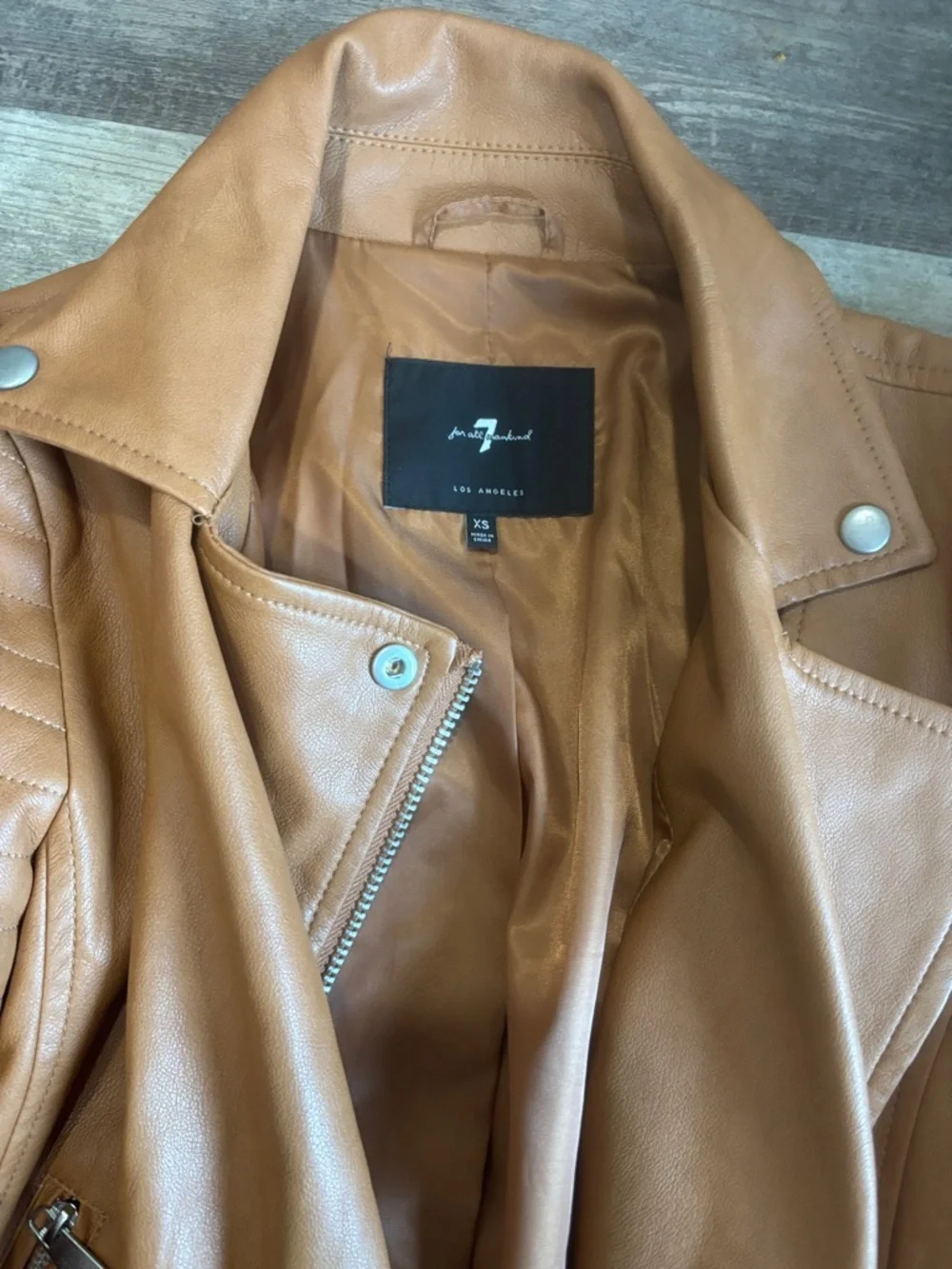 7 For All Mankind Camel Brown Vegan Leather Moto Jacket size xs